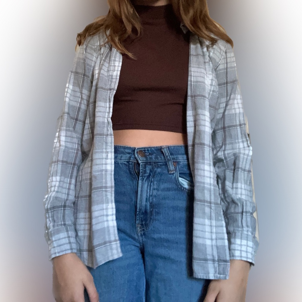 cream/grey plaid oversized flannel top